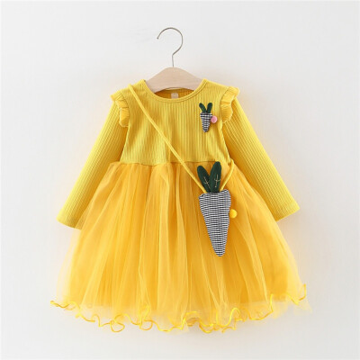 

Baby Girls Clothes Autumn Spring Dresses for Girls Long Sleeve Patchwork Mesh Dress Kids Sundress With Carrot Shape Bag