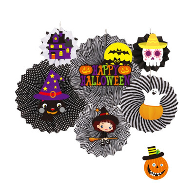 

Black And White Paper Fan Decorations Halloween Party Handmade DIY Round Paper Fan Flower Halloween Party Ornament Accessories