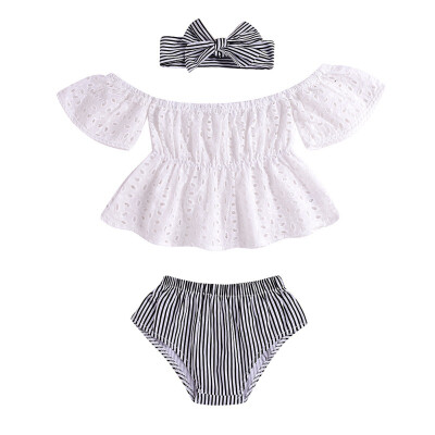 

Baby Girl Outfits Set Off-shoulder Hollow Design Top T-shirtStriped PP ShortsHeadband 3 Pcs Infant Clothes