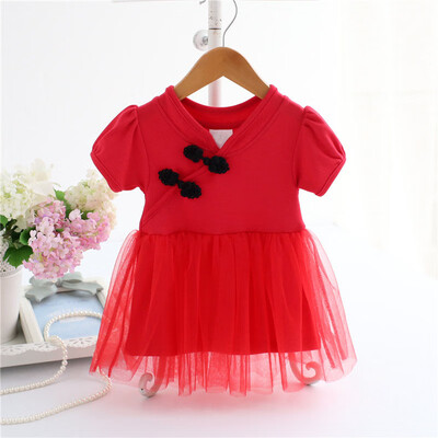 

Children Dress Baby Girls Dress 0-3T Cute Mesh Stitching Princess Short Sleeved Sweet Cheongsam Dress