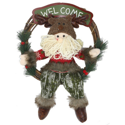 

Rattan Christmas Wreath Garland With Santa ClausSnowman Doll And Wooden Welcome Sign Holiday Hanging Wall Window