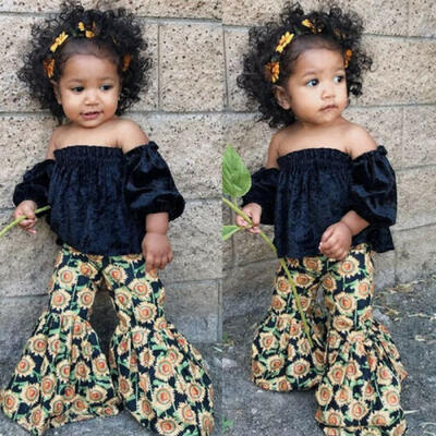 

US Stock Baby Girls Off Shoulder Crop Tops Bell Bottom Pants Outfits Set Clothes