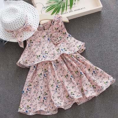 

2pcs Girl Dresses Floral Kids Clothing Sweet Party Princess Dress Girls Clothes with Hat 2019 Summer Chiffon Children Dresses