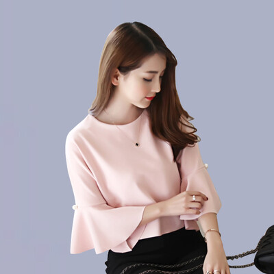 

women Fashion Korean version solid color tops Office Ladies Shirt round neck Butterfly sleeve Pearl Button chiffon OL shirt