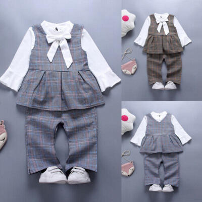 

Stylish Baby Girl Formal Dress Shirt Tops Plaid Vest Dress Pants Outfit 3PCS