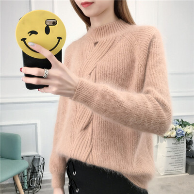 

2018 autumn&winter new thick semi-turtleneck womens loose Korea version of short pure color knitted base sweater