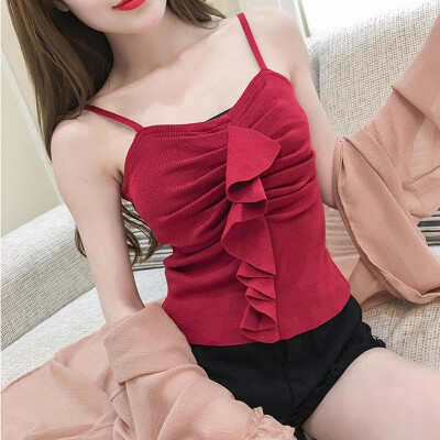 

Womens Summer Sexy Vest Vintage Solid Ruffles Knitted Comfortable Fashion Sleeveless Casual Tank Top Camisole New Arrival