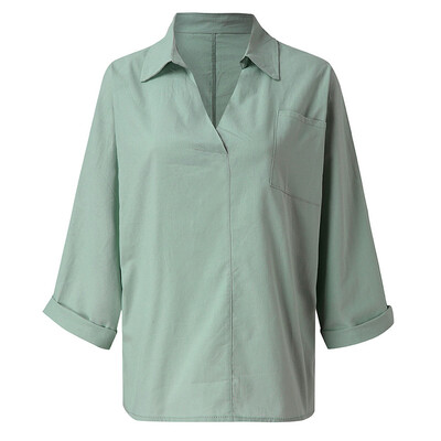 

Womens Blouse V-Neck Cotton Solid Color Loose Comfortable Autumn Plus Size Long-sleeved Pocket Casual blusas mujer de moda