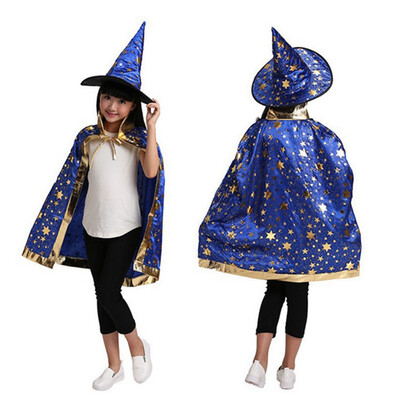 

Children Halloween Constume Cosplay Clothing for Witch Set HatPoncho&HAT Star printing Night Party Fancy Dress Carnival