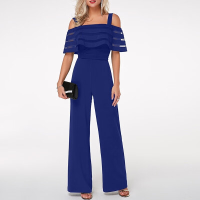 

Womens High Waist Strappy Cold Shoulder Solid Color Overlay Embellished Wide Leg Jumpsuit Rompers