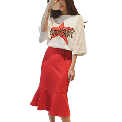 

Womens Sets Two Piece Sets Plus High Waist Wide Ruffles Trim Pencil Skirts Printed T-shirt Half Sleeve Casual Womens Sets