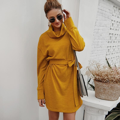 

Women Dress Solid Color High Cowl Neck Dropped Shoulder Long Sleeve Tied Bandage Waist Loose Casual One-Piece