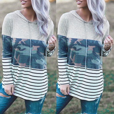 

Gobestart Women Casual Long Sleeve Striped Camouflage Patchwork Sweatshirt Pullover Blouse