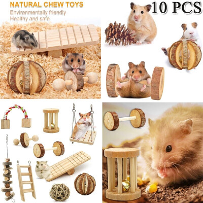 

10 Pcsset Hamster Toy Set Wooden Dumbbells Teeth Care Molar Toy Natural Wooden Exercise Bell Roller Toy