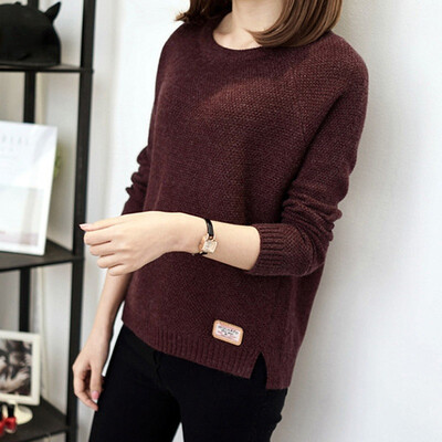 

Sweater Women Simple Casual Long-sleeved Round Neck Sweater Loose Style Solid Color Knit Bottoming Top
