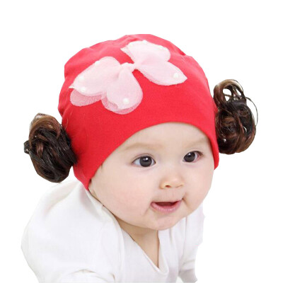 

Newborn Baby Girl Kids Warm Hat Cotton with wig Head Knit Crochet Beanie Cap New 0-12Months