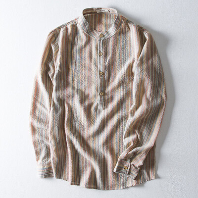 

Toponeto Mens Casual Ethnic Style Cotton Linen Stripe Long Sleeve Shirt Blouse Tops