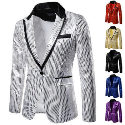 

Mens Sequin Glitter Tuxedo Slim Fit One Button Suit Blazer Business Coat Jacket