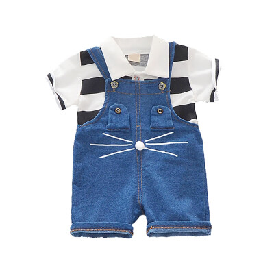 

Boy Shorts Set Summer Baby Boys Short Sleeve Stripe Print Tops Blouse Shirt Denim Suspender Pants Children Casual Outfits Sets