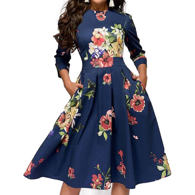 

Vintage Midi Dress Ladies Casual Slim Knee Length Swing Party Dresses