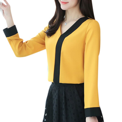 

Spring Fashion Women Chiffon Shirt V-Collar Long Sleeve Female Top Contrast Color Office Lady Blouse