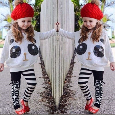 

Kids Baby Girls Outfits Long Sleeve Cute Panda Tops & Striped Bow Pants 2Pcs Sets