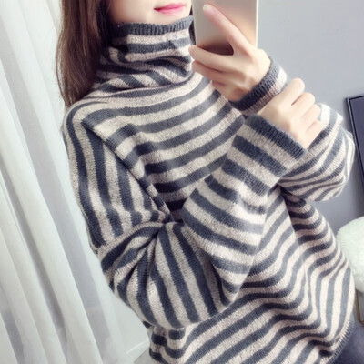 

Korean version of the sweater loose casual womens sweater pullover fashion trend high collar striped print sweater code
