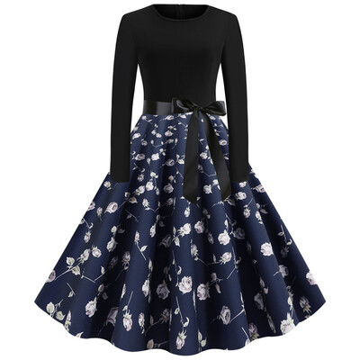 

Tailored Womens Vintage Print O-Neck Long Sleeve Frenulum Evening Party Swing Dress