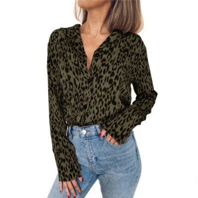 

Fashion Women Long Sleeve Sexy Leopard Blouse V Neck Chiffon Shirt Ladies Loose OL Party Top blusas femininas elegante Plus Size