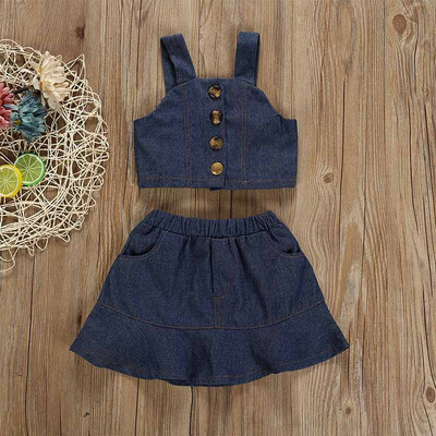 

ChildrenS Summer Newborn Baby Girl Clothes Sleeveless Sling Vest Denim Skirt Set