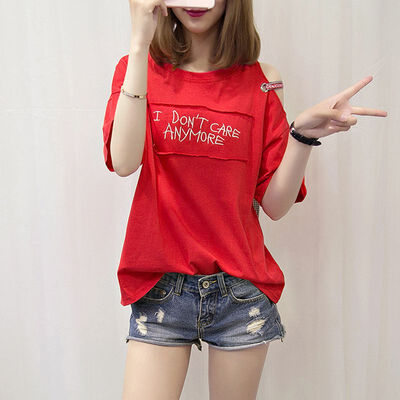 

Women Casual Round Neck Letter T-shirts Stitching Off-The-Shoulder Loose Short-Sleeved Female T-Shirt Thin Section Tops