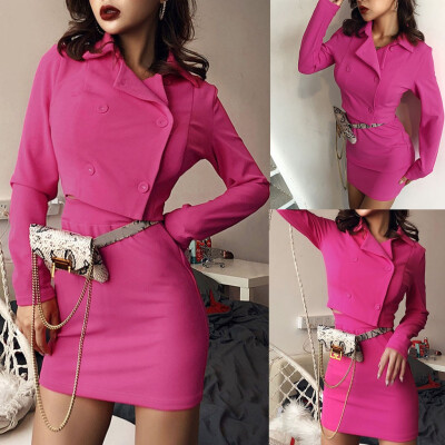 

Tailored Fashion Womens Sexy Solid Long Sleeve Button Jacket T-Shirt Mini Skirt Set