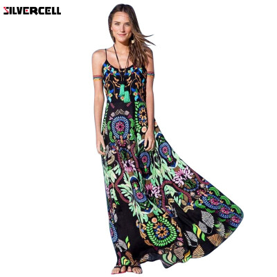 

2017 Sexy Women Summer Vintage Boho Evening Party Dress Sleeveless Chiffon Floral Beach Long Maxi Dresses