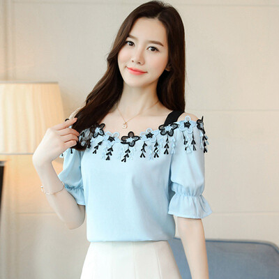 

Chiffon Blouse Fashion Women Off Shoulder Blouse Sweet Girl Butterfly Sleeve Slash Neck Female Blouse