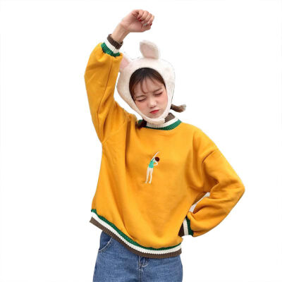 

Hoody Women Winter New Embroidered O-Neck Lantern Sleeve Cartoon Pattern Pullover Plus Size Fashion Sweet Womens Sweatshirtw