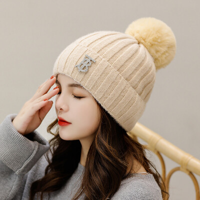 

Hat women fallwinter Korean version of wool ball wool lettering thickened thermal head cap solid color outdoor knit cap wholesale