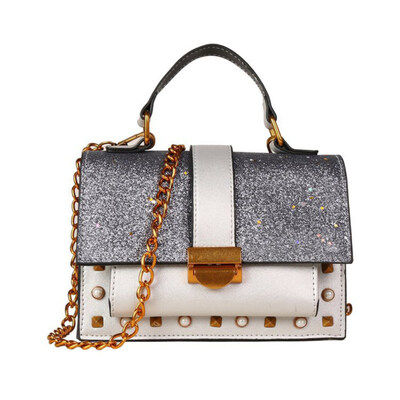

Womens Fashion Sequined Faux Pearl Rivet Square Tote Crossbody Shoulder Bag