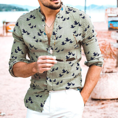 

Toponeto Fashion Mens Casual Turn-Down Button Hawaii Print Beach Long Sleeve Top Blouse