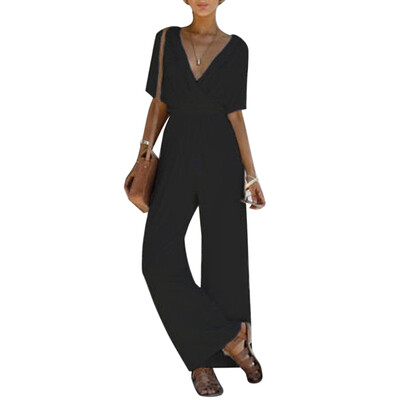 

2019 Womens Sexy Drawstring Deep V Neck Jumpsuits Fashion Solid Color Wide Leg Jumpsuits Casual Short Sleeve Straight Rompers