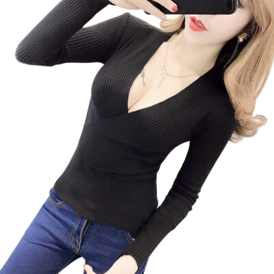 

Women Sexy Cross V Neck Knitted Sweater Pullover Fashion Autumn Winter Rib Knitted Sweater Women Long Sleeve Sweaters Female