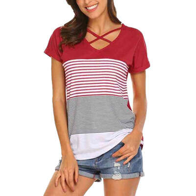 

Summer Color Block Striped Tee Top Women Cross Front V Neck Short Sleeve T-Shirt