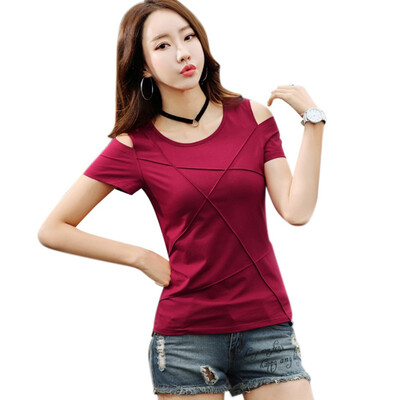 

Off Shoulder Women O-Neck T-shirts Short Sleeved Hollow Out T-shirt Solid Female Cotton Tees Tops Female -2L
