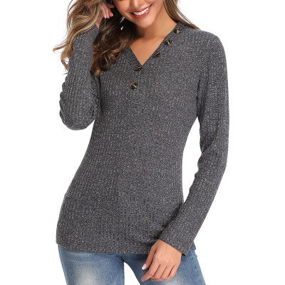 

Hot Sale Women Fashion Casual All-match Autumn And Winter Sweater V-neck Button Long-sleeved Slim Solid Color Sweater