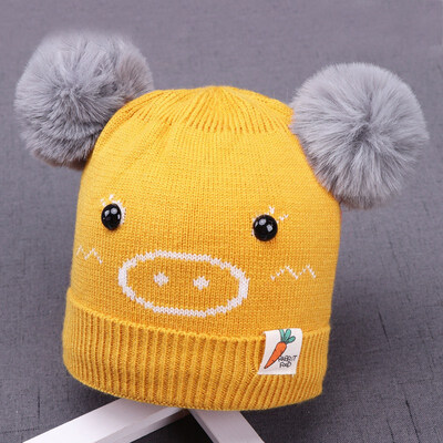 

Cute Baby Hat Pompon Winter Warm Kids Baby Ball Design Hats Cartoon Print Knitted Wool Hemming Caps