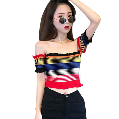 

Summer Sweet Sexy Ruffles Striped Slash Neck Cropped T-shirts Women Short Sleeve Knitted Casual Tee Women Crop Tops For Girls