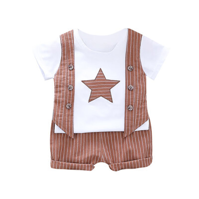 

Kids Clothes Set Summer Boy Clothes Fake 2 Piece Stripe Print Tops Blouse T-shirtShorts Children Casual Outfits Sets