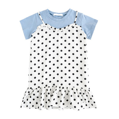 

Children Summer Girls Cute Dress Fake 2 Pieces Cotton Cute Polka Dot Stitching Bottoming Short Sleeve Sweet Princess Dress