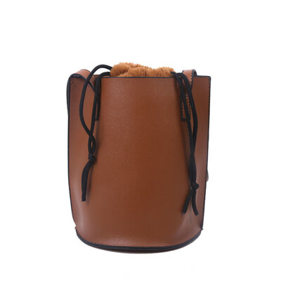 

2PcsSet Chic Women Faux Leather Bucket Drawstring Plush Crossbody Shoulder Bag