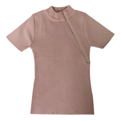 

New Women t shirt Summer Casual Concise Zipper women clothes Turtleneck Slim Fit Stripe Knitting Short Sleeve Tshirt