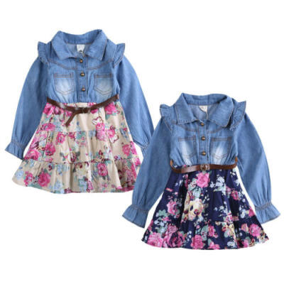 

USA Canis Toddler Kids Baby Girls Long Sleeve Party Floral Denim Dress Clothes